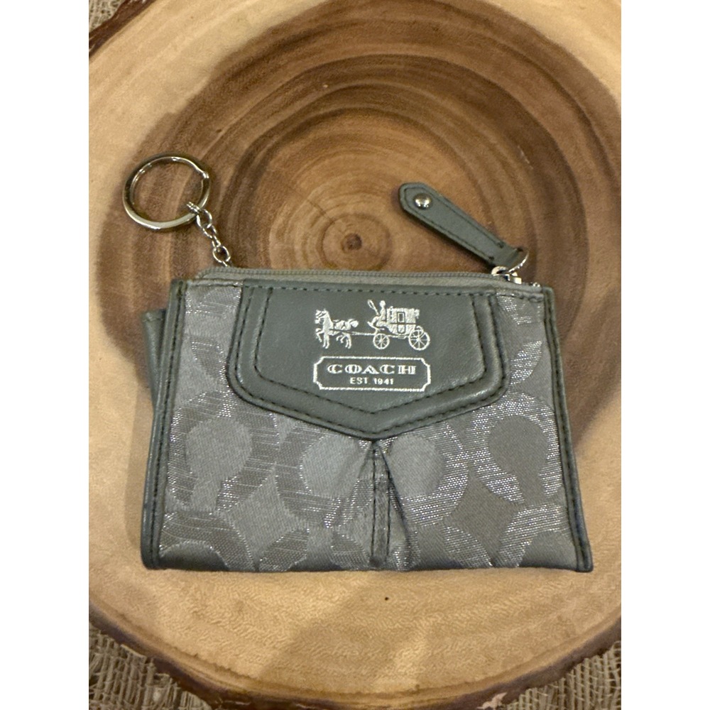 Vintage Y2K Coach Gray Op Art Signature Card Grey Key Coin Case Wallet Carriage